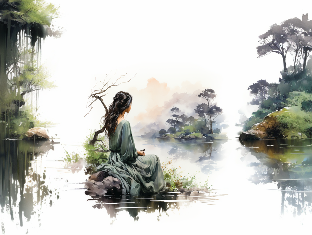 Japanese woman sitting on a tuff of grass in the middle of a lake, back towards the camera, green banks with trees on either side, watercolor portrait