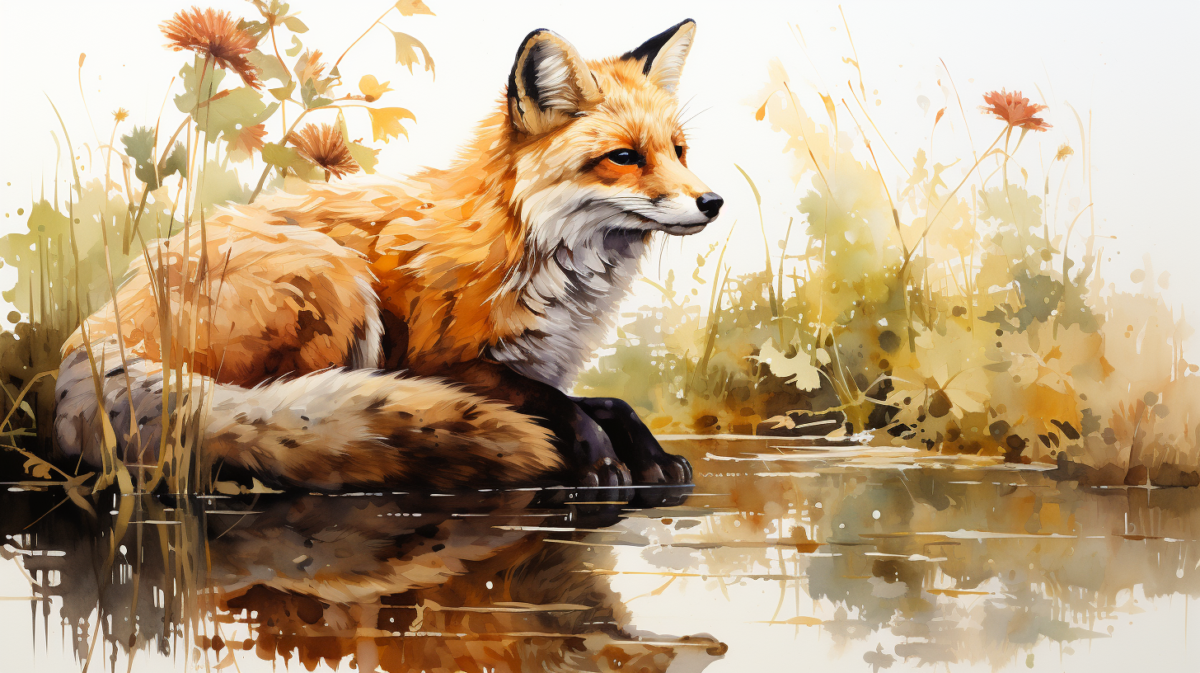 Watercolor illustration of red fox lying by a stream, paws dipped into water, low detail grasses in background