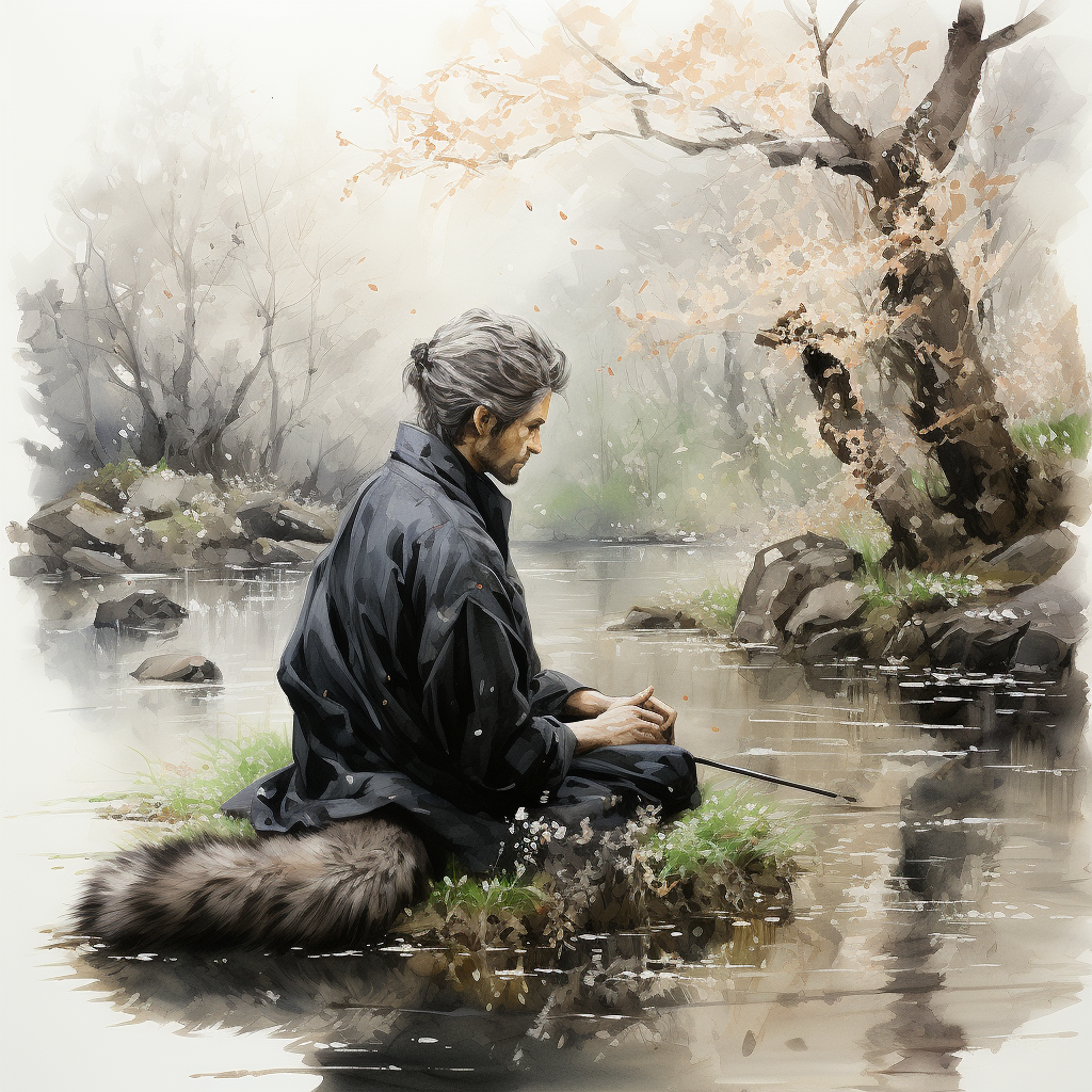 Watercolor illustration of silver-haired gentleman sitting on a tuff of grass in the middle of a steam. A busy gray-brown tail sticks out from under his robes and in the background is a cherry tree