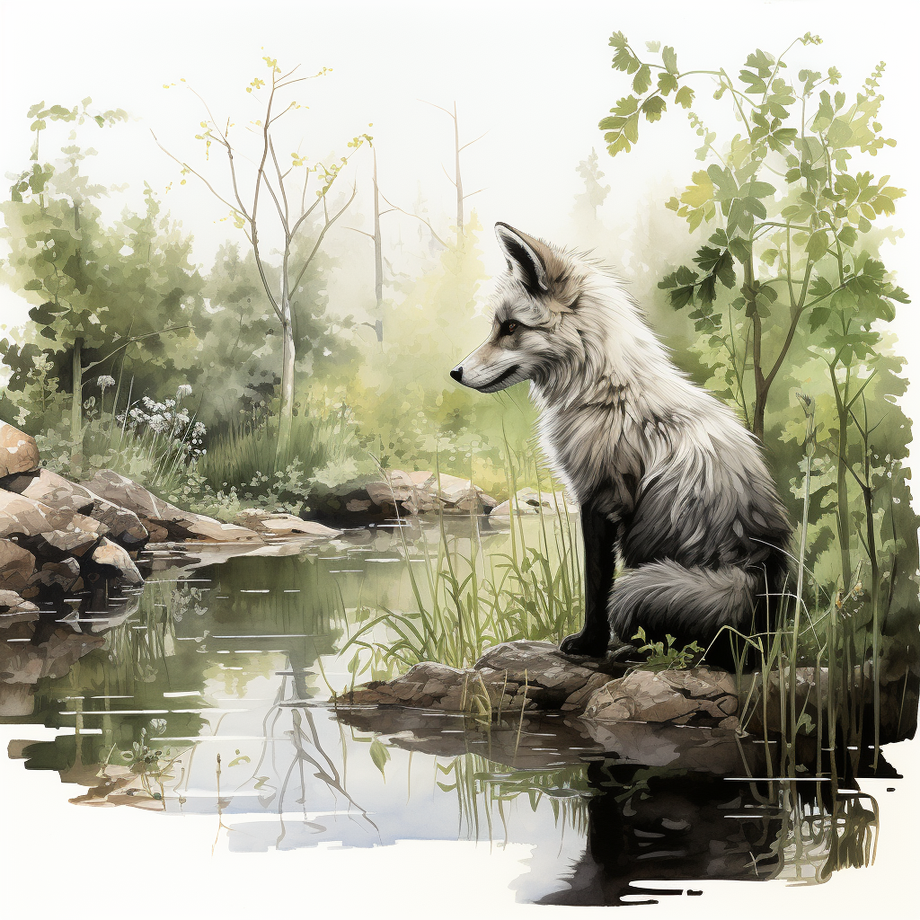 Watercolor background of woods and grasses, silver fox sitting on stones by a calm body of water, tall grasses on either side of it