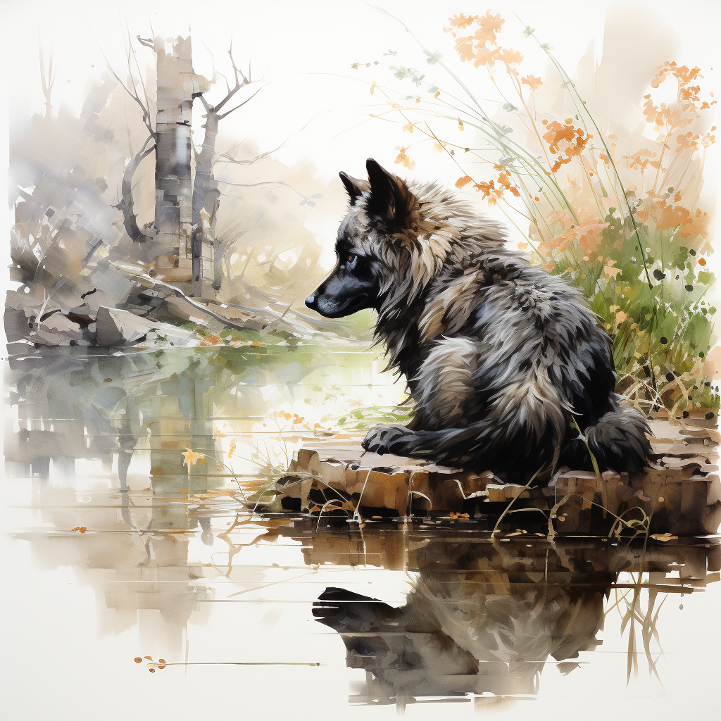 Watercolor illustration of a gray-brown fox by the edge of a stream; there's a reflection of the fox in the water, but the proportions of the actual fox are a little off in body length