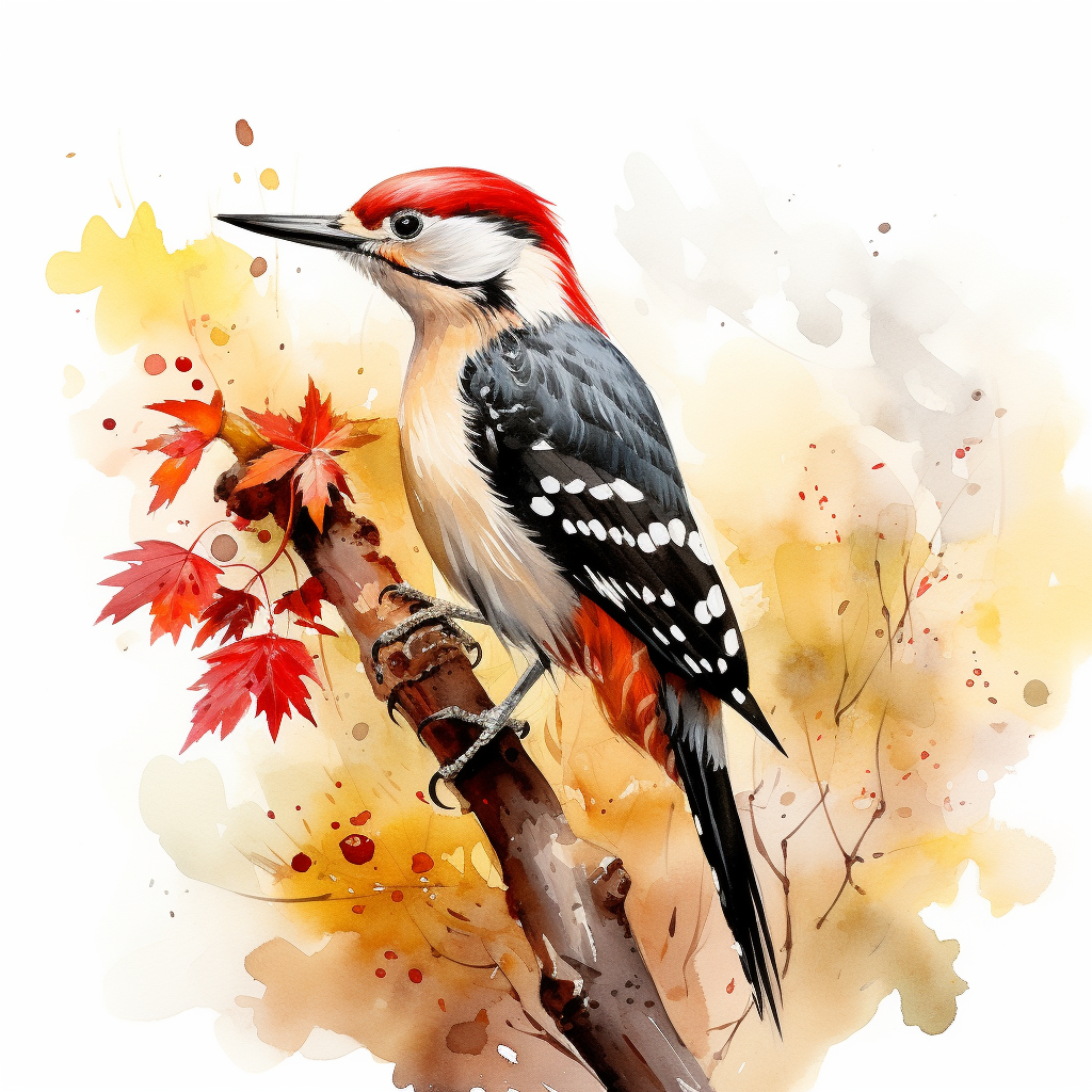 Red-bellied woodpecker perched on a stick with a few red maple leaves in full detail, blurred watercolor yellow background