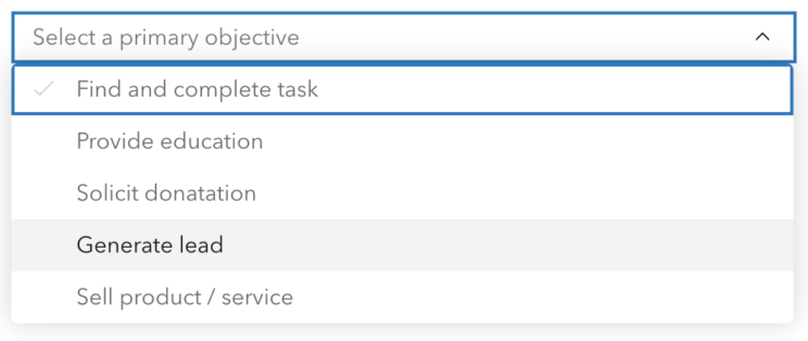 Combobox menu that says select a primary objective and then lists the options as 1) find and complete task, 2) provide education, 3) solicit donation, 4) generate lead, 5) sell product / service