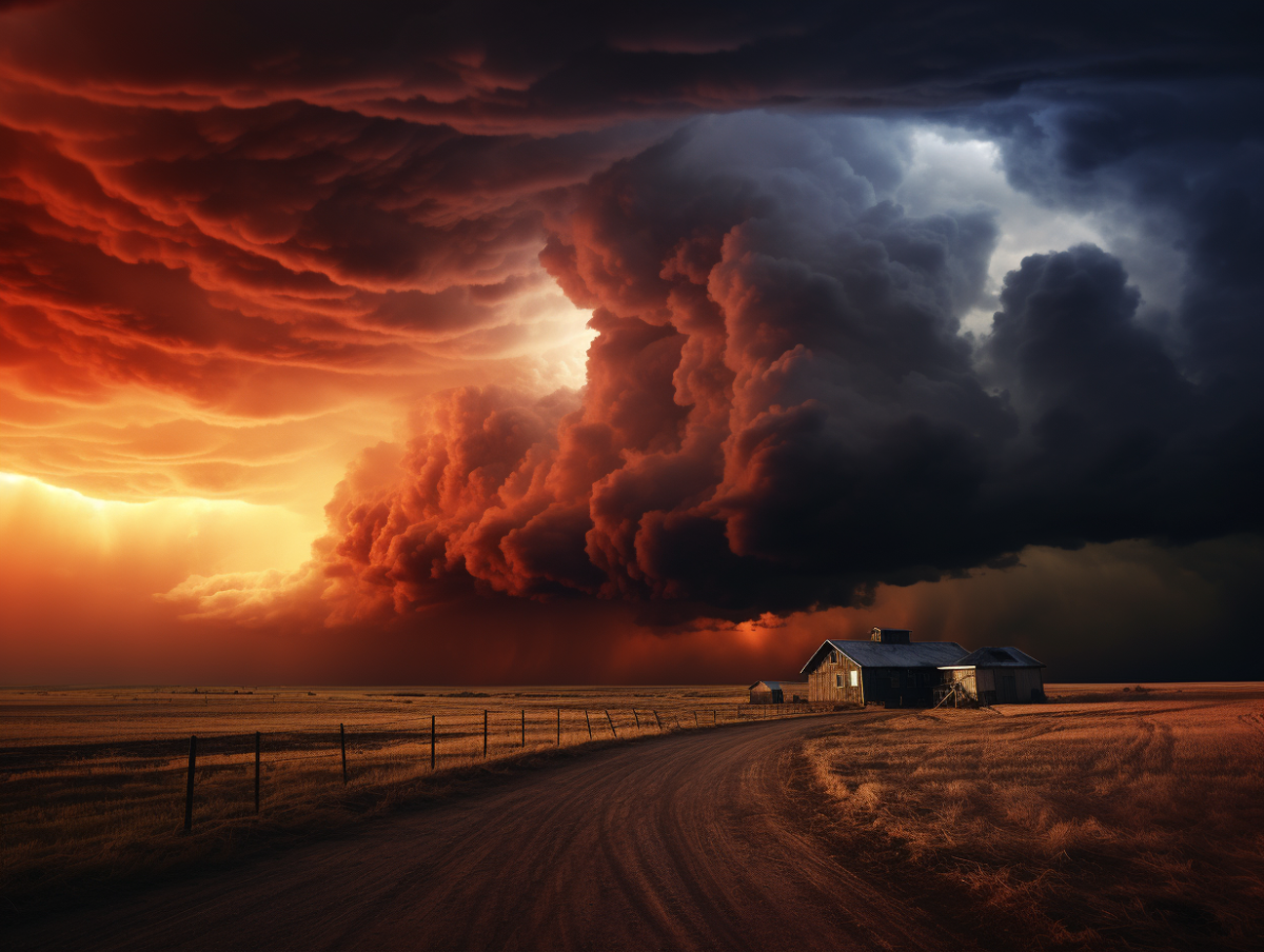 Barbed wire fence running along one side of a long driveway down a empty field that dead-ends at a one-story barn. Rolling clouds dominate the sky, rust red on side fading to deep gray on the other, rain pours down in sheets in the distance.