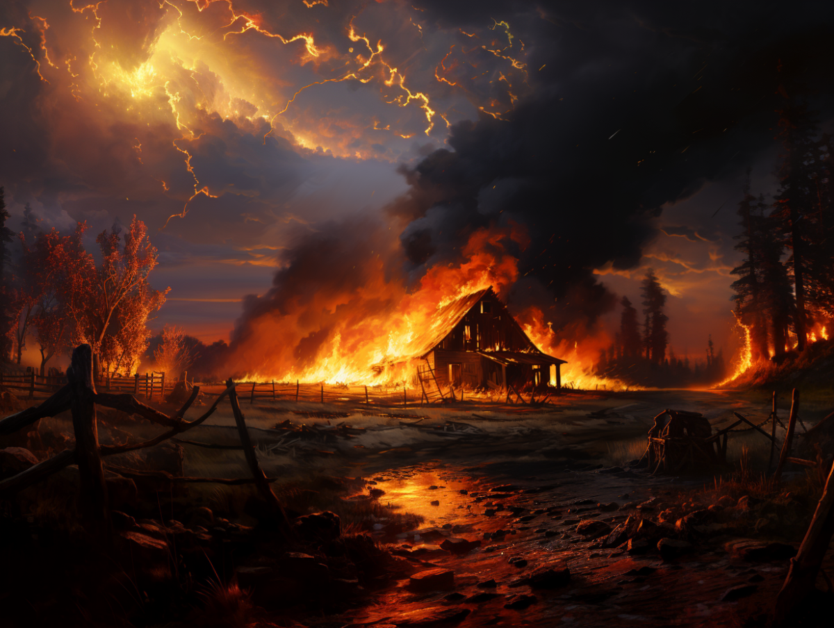 Barn half devoured by fire, black smoke billowing into night sky. Flames climbing up pine trees. Silhouette of a picket fence in the foreground, fire reflecting off a puddle nearby. Layered clouds backlit by golden light illuminate the sky opposite to the smoke.