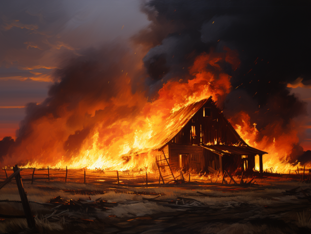 Close-up barn with gable roof half devoured by flames. Fire can be seen between empty slates and porch roof has a line of flames. Simple wire fence visible in foreground.