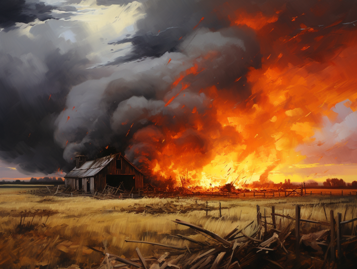 Picket fence surrounding run-down barn in the middle of a field of golden grass. Flames devour the landscape adjacent to the burn and gray smoke billows up into the sky.