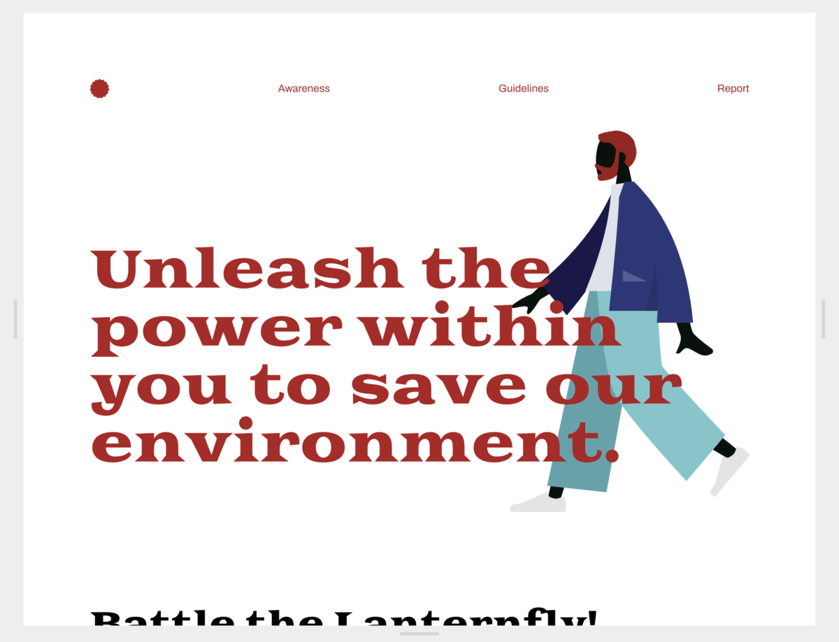 Advocacy site using Framer AI, illustrated black person walking on white background with decorative font used on h1 that reads: unleash the power within you to save our environment