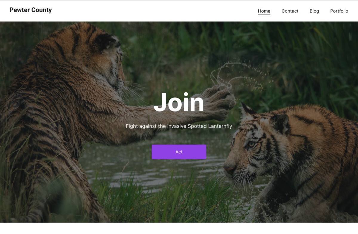 Site layout for an other type advocacy site with navigation, followed by a background image of tigers, a bold heading saying join, subtext, and a call-to-action button saying act.