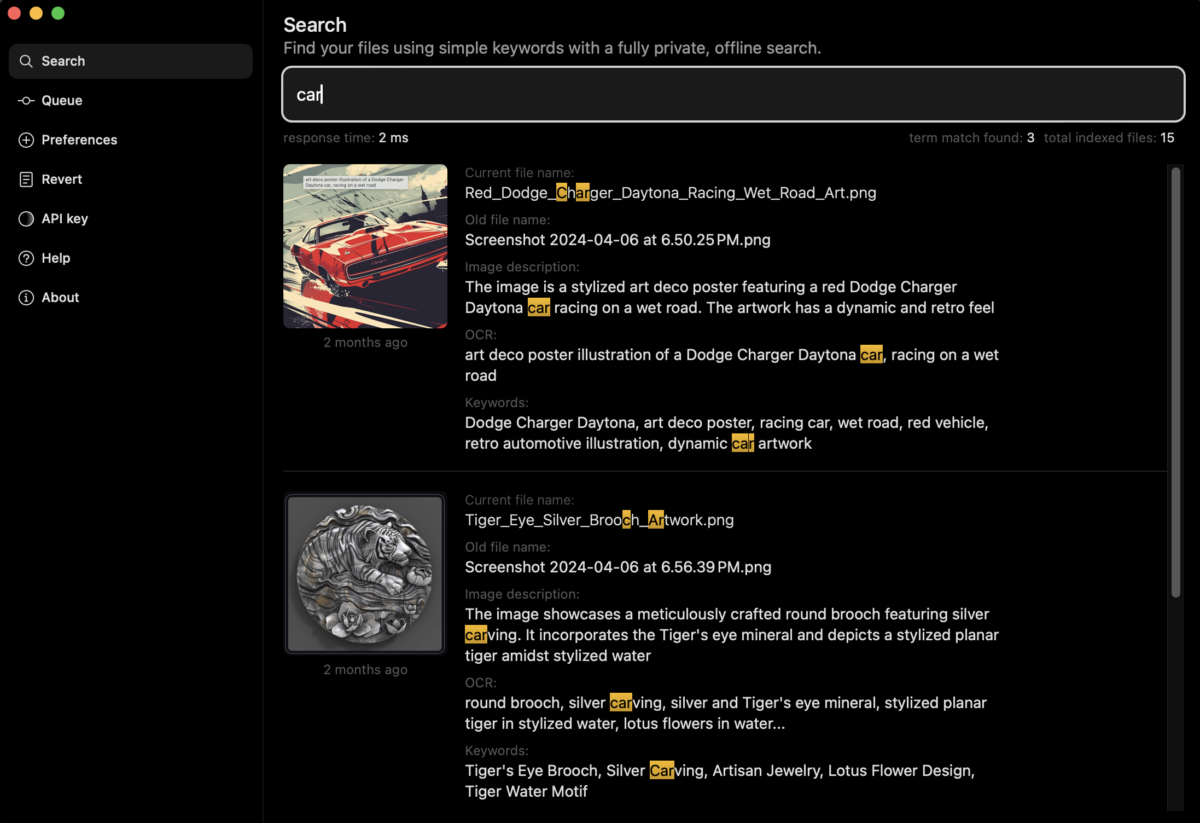 Keep It Shot - app for renaming image files by object with built-in search interface showing results with new title, original title, description, and keywords, the keyword car is highlighted as it appears in a stylized poster of a race car and in a silver tiger carving