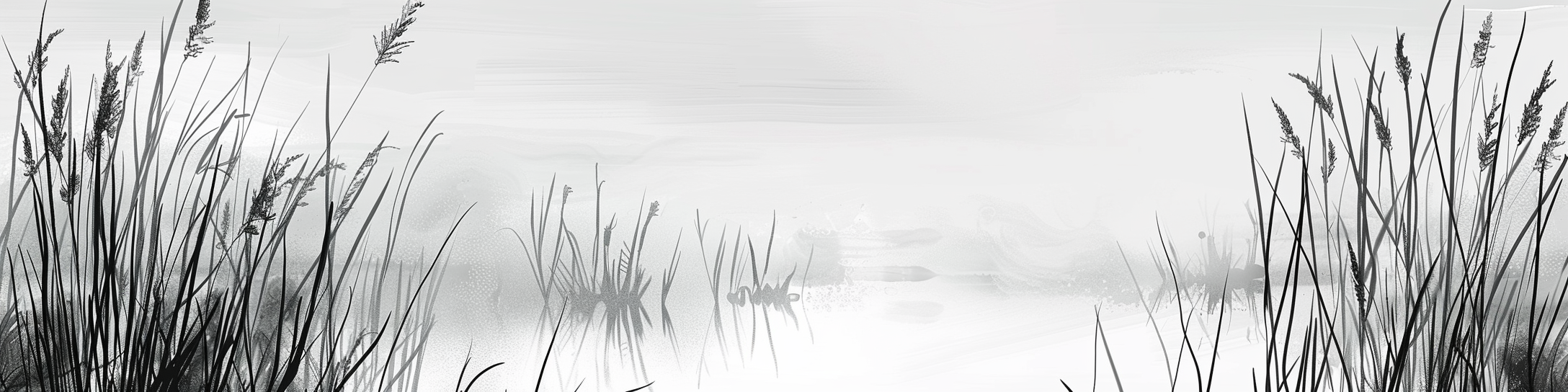 grayscale watercolor landscape of marsh edged in cattails